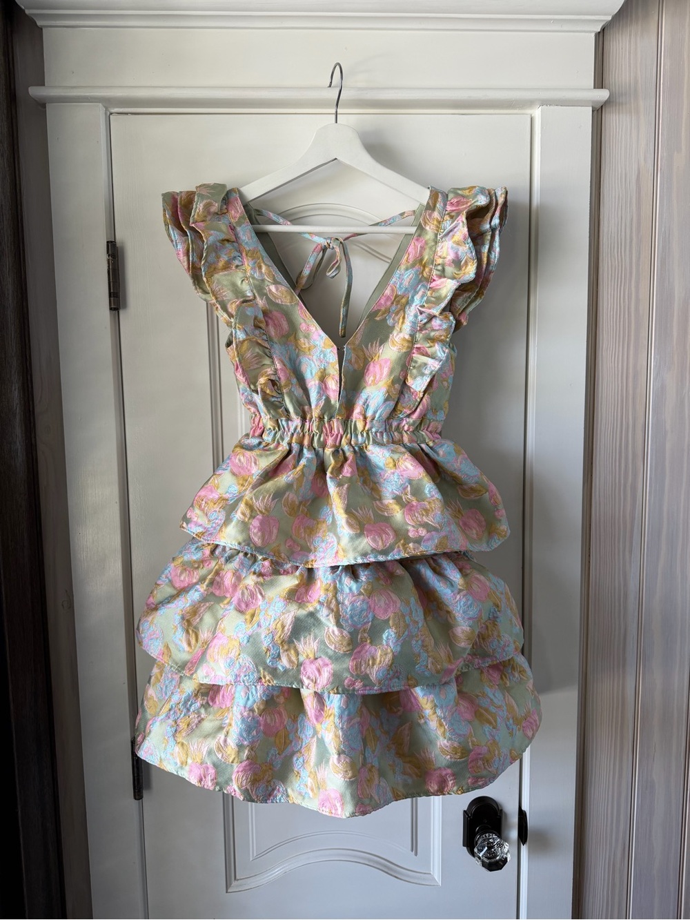 Buddy Love Tiered Ruffle Floral Dress in Pastel Blue, Pink & Green